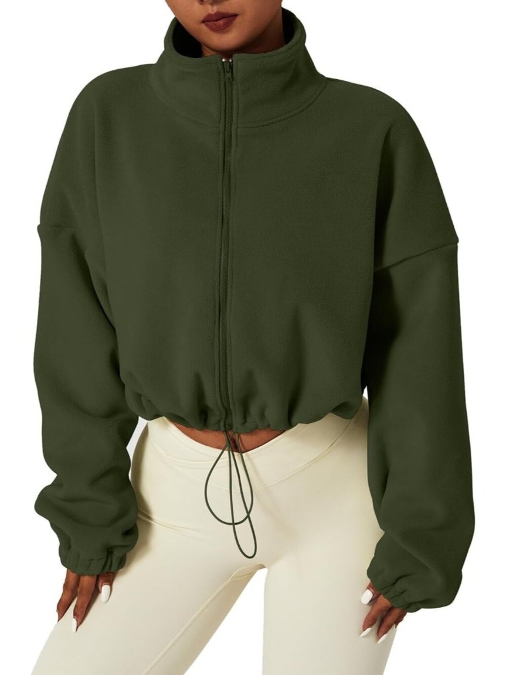 Women's Olive Fleece Full ZIP Stand Collar Baggy Cropped Short Sherpa Jacket